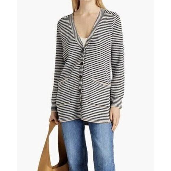 A8 Auth A.L.C. Blue Black Tan Cotton Blend Stripe Knit Long Cardigan Size L $425 - Picture 1 of 6
